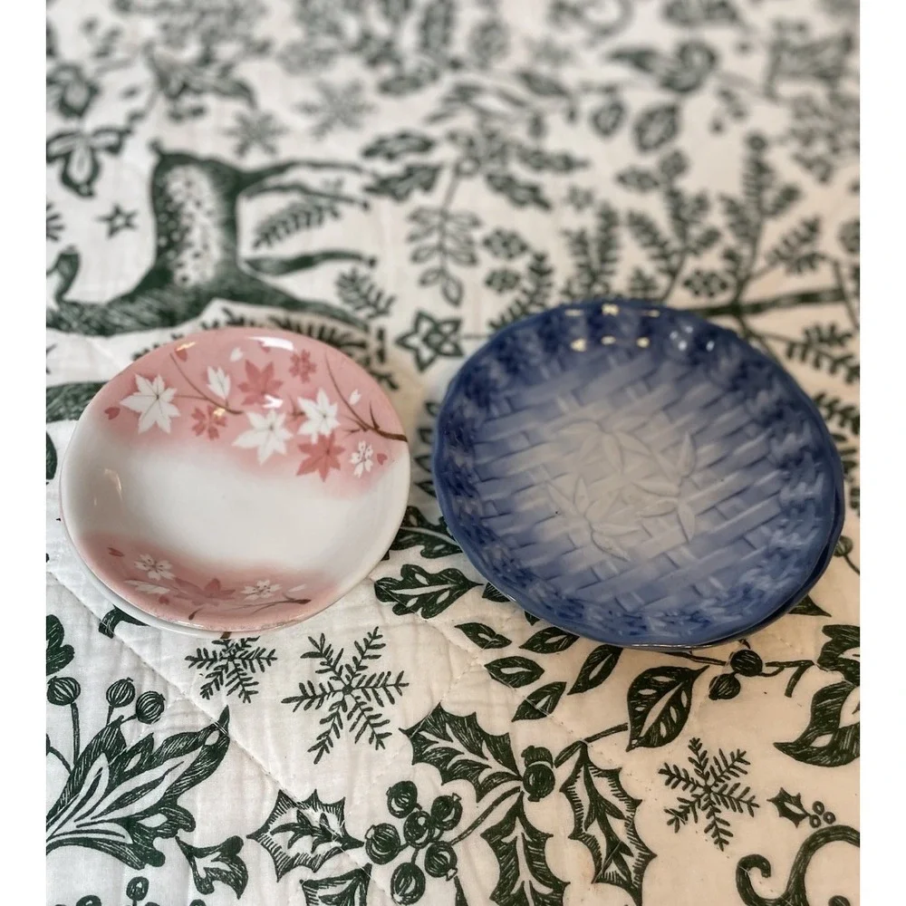 Vintage made in Japan Cherry Blossom Dish Plate Set For‎ 2 Blue & Pink Bamboo